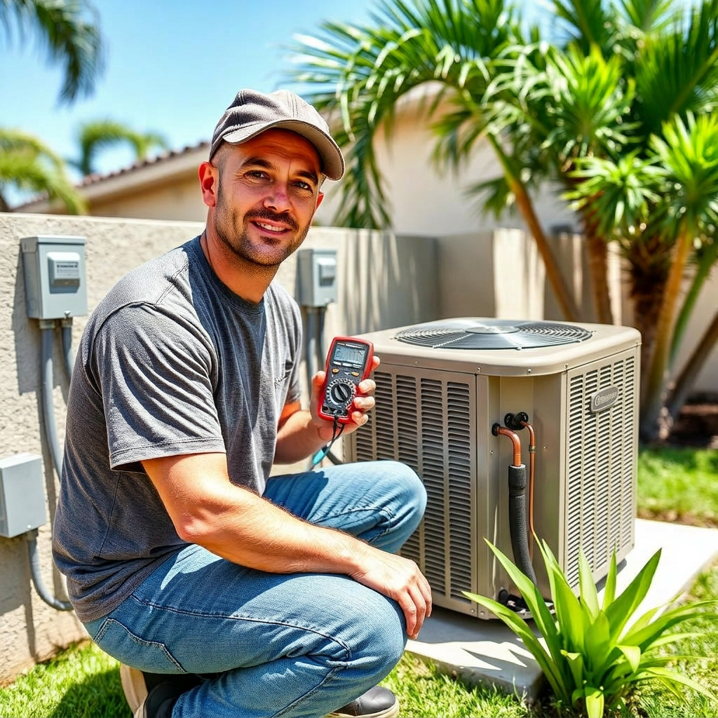 Sarasota AC technician testing a condenser unit