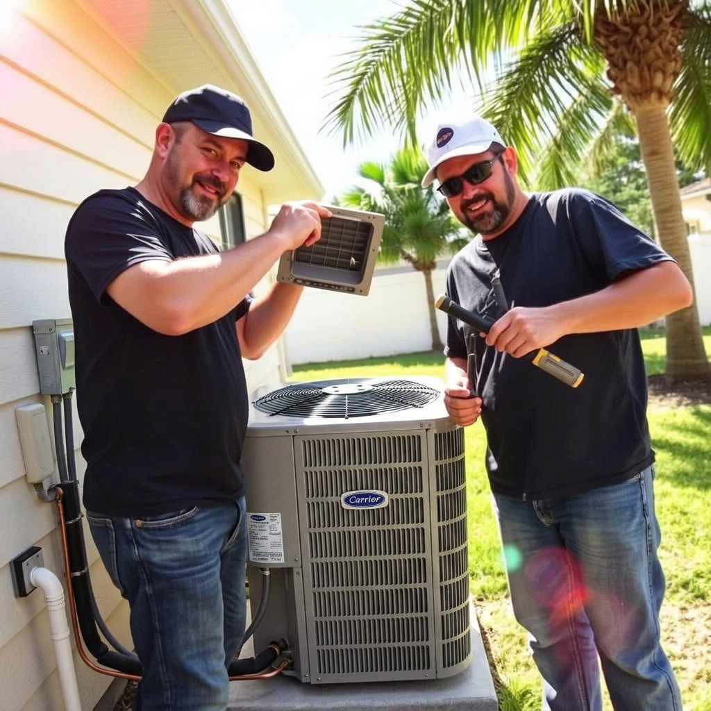 Two HVAC technicians servicing an outdoor AC unit in Florida