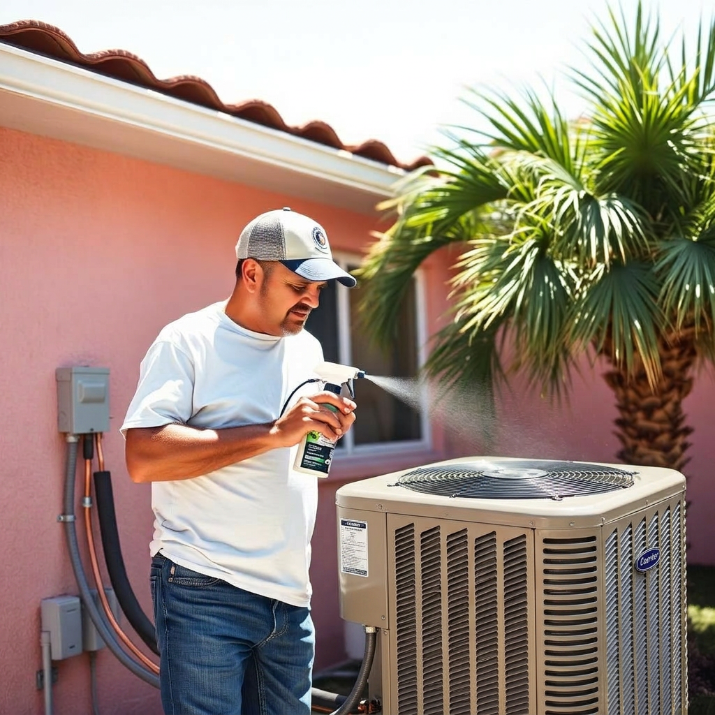 HVAC technician cleaning coils on a residential AC condenser