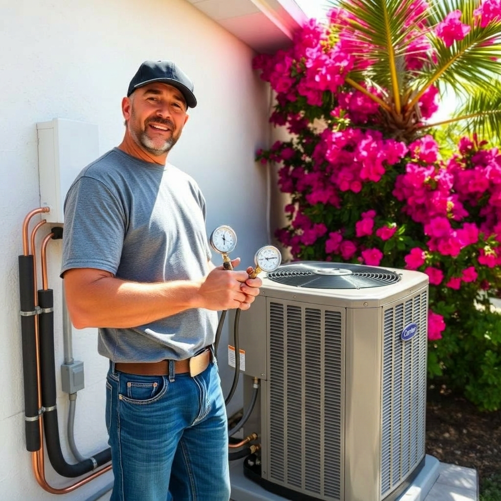 AC technician checking refrigerant gauges at a Sarasota home